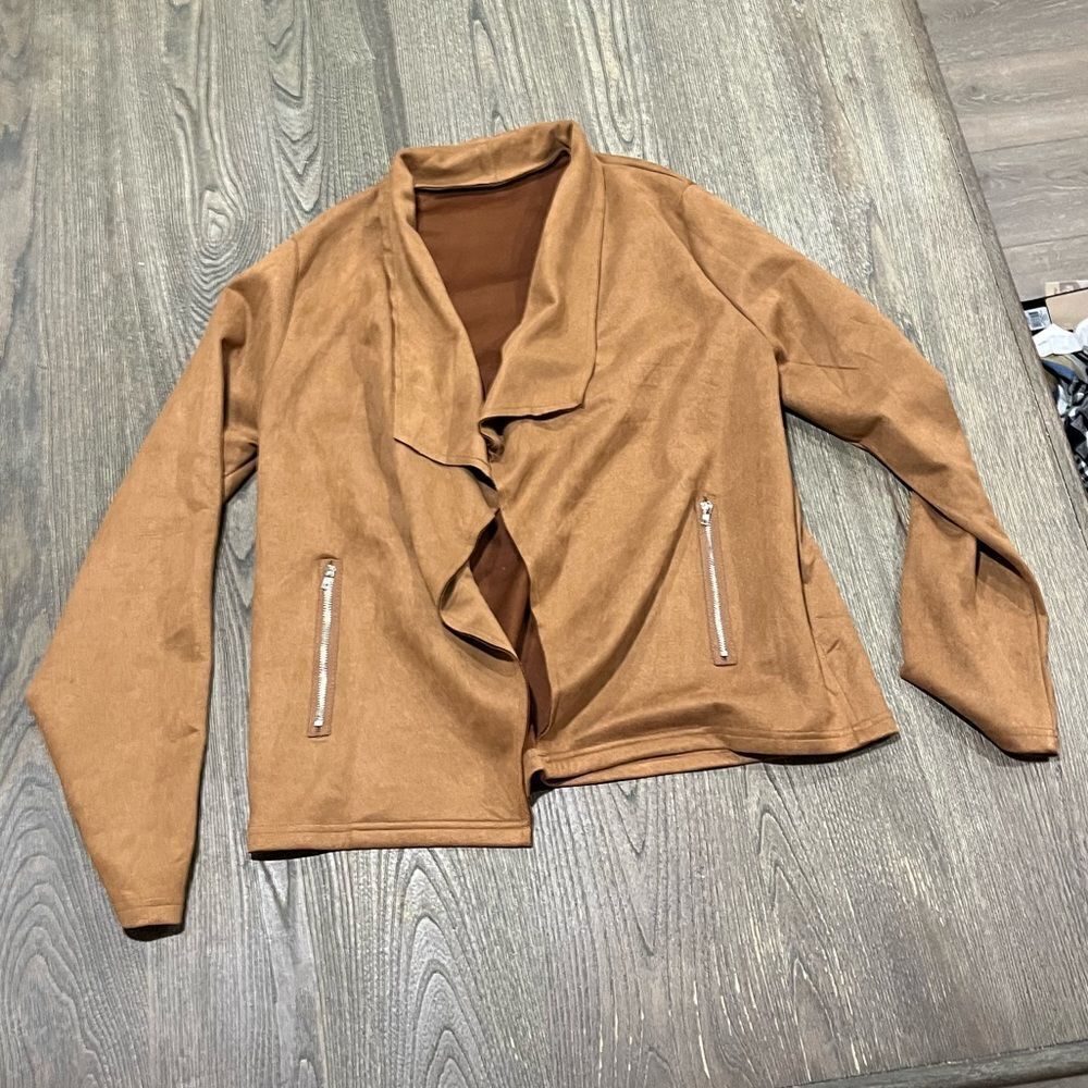 Shein Suede Frenchy Waterfall Collar Coat Zipper Pockets Open Front Tan Size XL